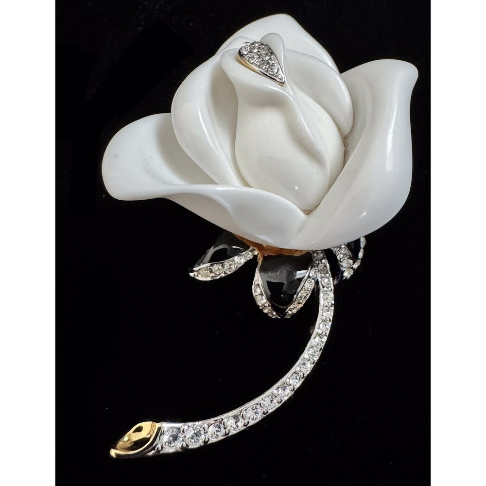 Vintage Kenneth Jay Lane KJL Brooch White Lucite Rose Rhinestone Stem Flower Pin